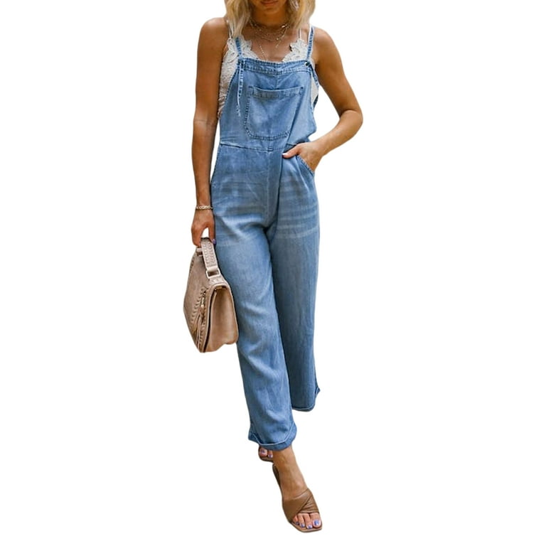 allshope Women s Denim Long Jumpsuit Casual Spaghetti Strap Wide Leg Romper Pants Baggy Bib Overalls Walmart