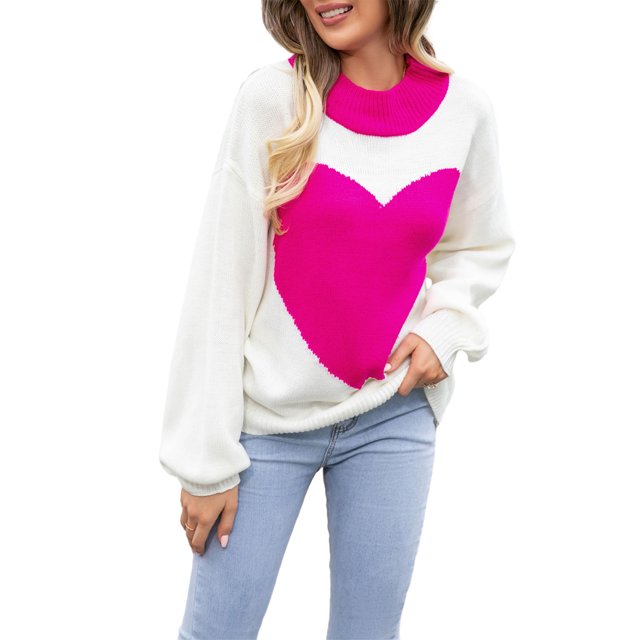 Women's Heart Print Sweaters Round Neck Oversized Pullovers