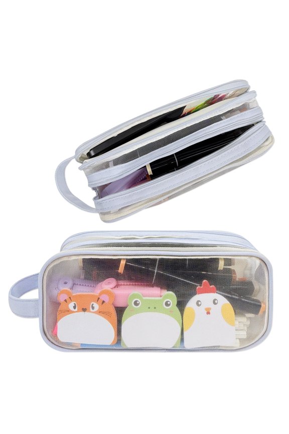2 Compartment Large Grid Transparent Mesh Pencil Case, Pencil Pouch for Stationery Tools, Makeup, and Travel, Blue