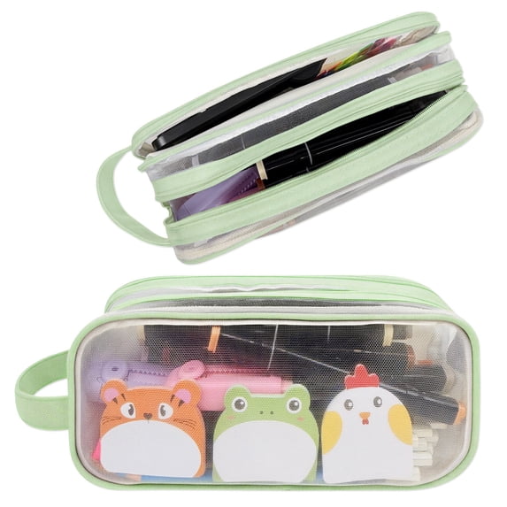 allydrew 2 Compartment Large Grid Transparent Mesh Pencil Case, Pencil Pouch for Stationery Tools, Makeup, and Travel, Green