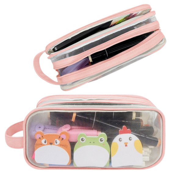 allydrew 2 Compartment Large Grid Transparent Mesh Pencil Case, Pencil Pouch for Stationery Tools, Makeup, and Travel, Pink