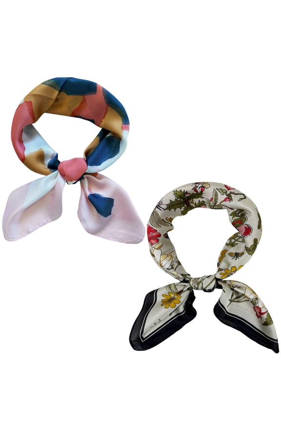2 Piece Silky Feeling Satin Neckerchief Scarf Set, 26.5" Square Scarf Value Pack, Abstract Bouquet