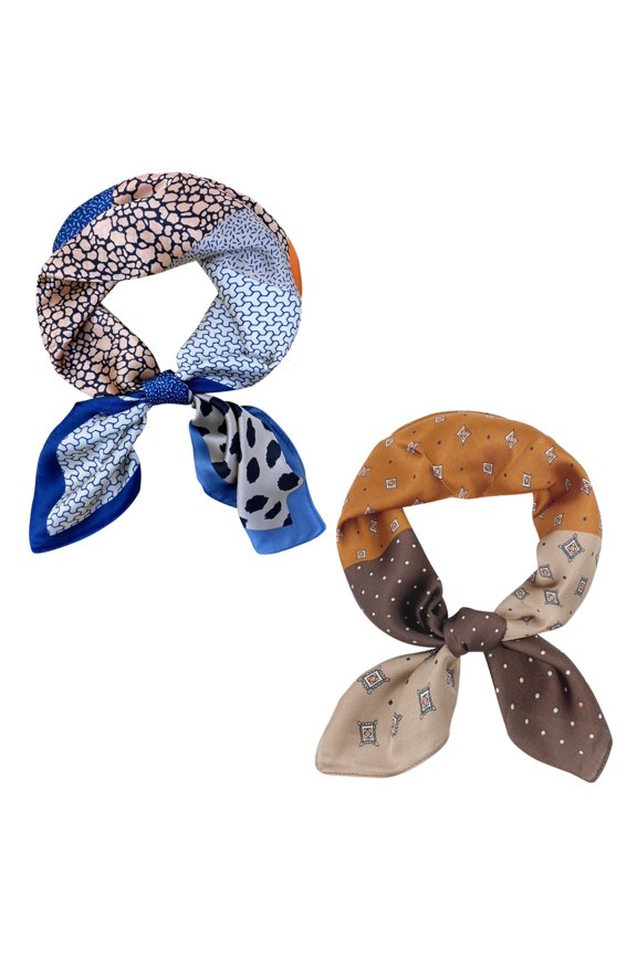 2 Piece Silky Feeling Satin Neckerchief Scarf Set, 26.5" Square Scarf Value Pack, Animal Neutrals