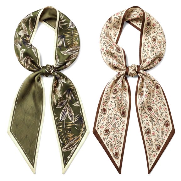 allydrew 2 Piece Womens Silky Feeling Long Skinny Scarf Set, 55.5 x 5.15 Inch Satin Neck Scarf, Fern Paisley