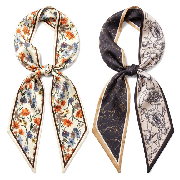 allydrew 2 Piece Womens Silky Feeling Long Skinny Scarf Set, 55.5 x 5.15 Inch Satin Neck Scarf, Floral Ginkgo