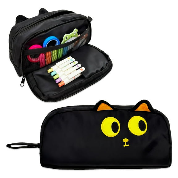 allydrew 3D Animal Face Pencil Case, Large Capacity 2 Compartment Pencil Pouch for Stationery Tools, Black Cat
