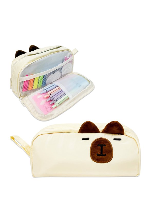 3D Animal Face Pencil Case, Large Capacity 2 Compartment Pencil Pouch for Stationery Tools, Capybara