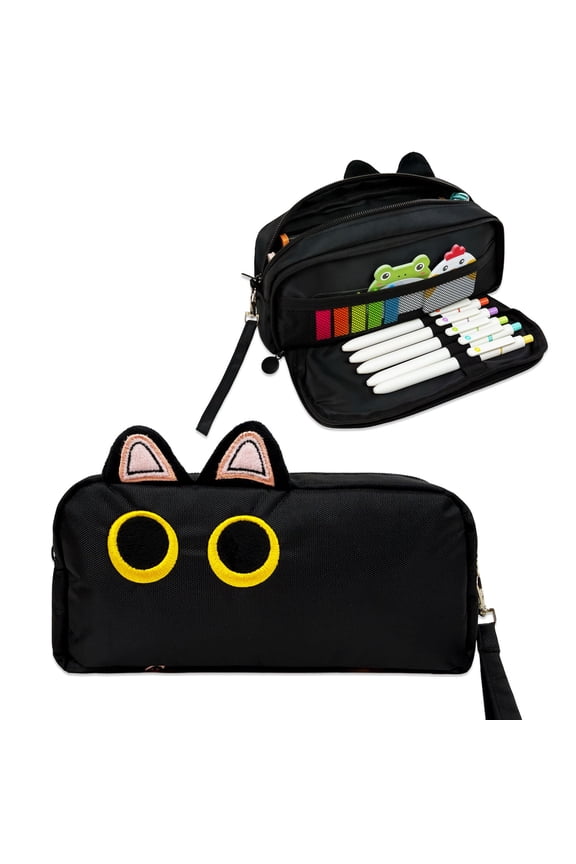 3D Cat Design Pencil Case, Large Capacity 2 Compartment Pencil Pouch for Stationery Tools, Midnight Cat