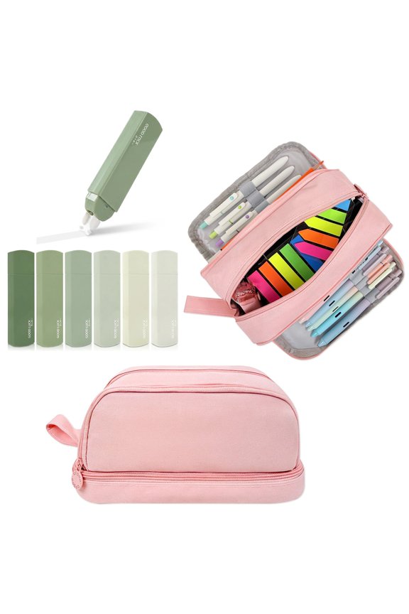 4 Compartment Pencil Case Set, Pencil Pouch and White Correction Tape, Pink