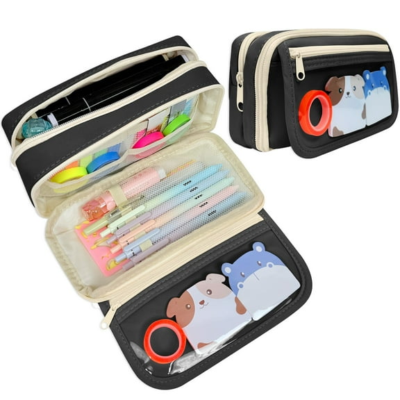 allydrew 9-Layer Large Capacity Pencil Case with Transparent Compartment, Organizer Pouch for Stationery Tools, Makeup, and Travel, Black