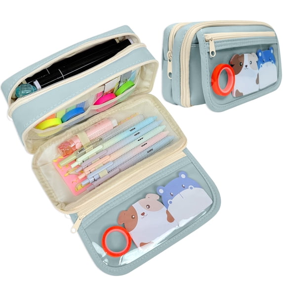 allydrew 9-Layer Large Capacity Pencil Case with Transparent Compartment, Organizer Pouch for Stationery Tools, Makeup, and Travel, Blue