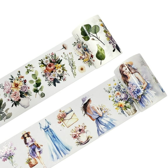 Wrapables Aesthetic Floral Fashion PET Washi Tapes for Scrapbooking, Stationery, Journaling, Diary, Card Making (Set of 2), Blue and Lavender