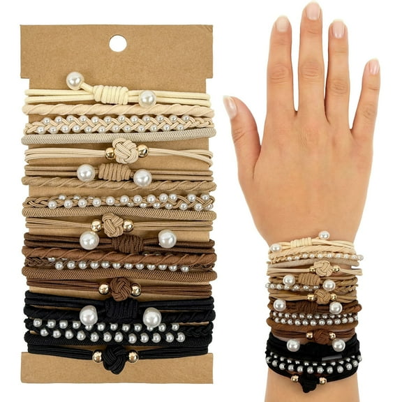 allydrew Boho Hair Tie Bracelets for Women, No Damage Elastic Hair Bands, Hair Accessories for Thick and Thin Ponytails (20pcs), Pearls Neutral