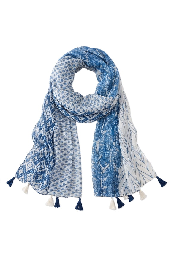 Boho Lightweight Floral Vintage Fringed Scarf, Shawl Wrap with Tassels, Blue Feathers