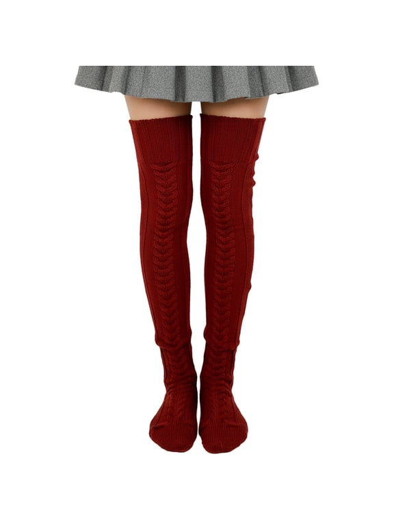 Cable Knit Over the Knee Thigh High Winter Boot Socks, Burgundy