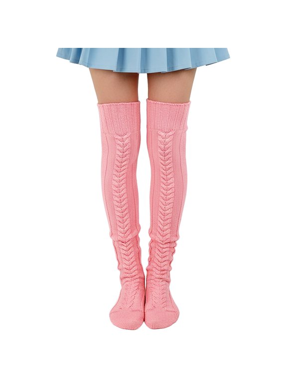 Cable Knit Over the Knee Thigh High Winter Boot Socks, Pink