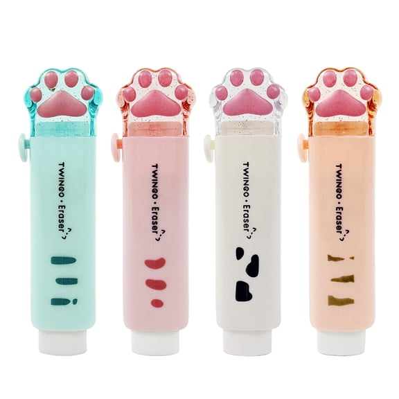 allydrew Cat Paw Retractable Erasers, Push-Pull Design, Stationery Office Supplies (Set of 4), Pastel