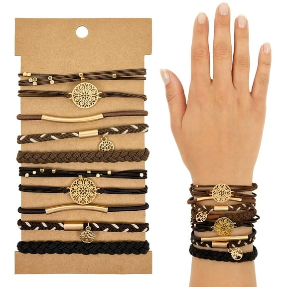 allydrew Charms and Braided Boho Hair Tie Bracelets for Women, No Damage Elastic Hair Bands, Hair Accessories for Ponytails (10pcs), Brown