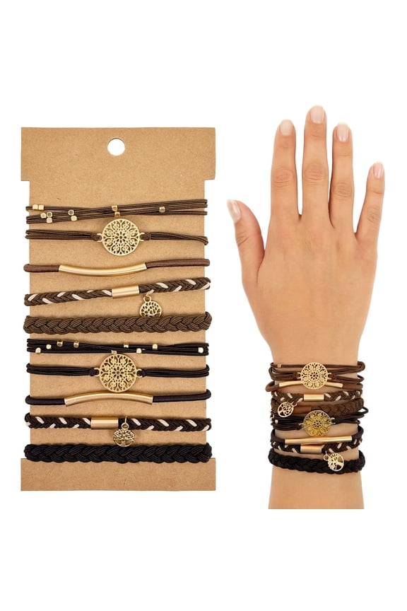 Charms and Braided Boho Hair Tie Bracelets for Women, No Damage Elastic Hair Bands, Hair Accessories for Ponytails (10pcs), Brown