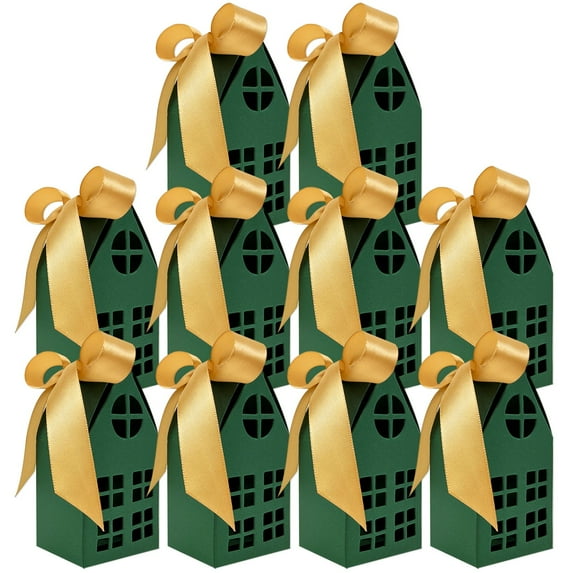 allydrew Festive Christmas House Shaped Gift Boxes with Ribbons for Weddings, Housewarming, Cookies, Candies, Treats, Party Favors (Set of 10), Green