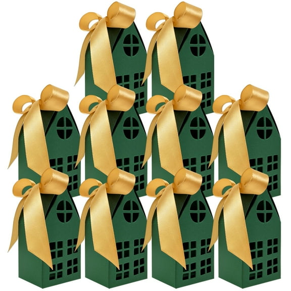 allydrew Festive Christmas House Shaped Gift Boxes with Ribbons for Weddings, Housewarming, Cookies, Candies, Treats, Party Favors (Set of 10), Green