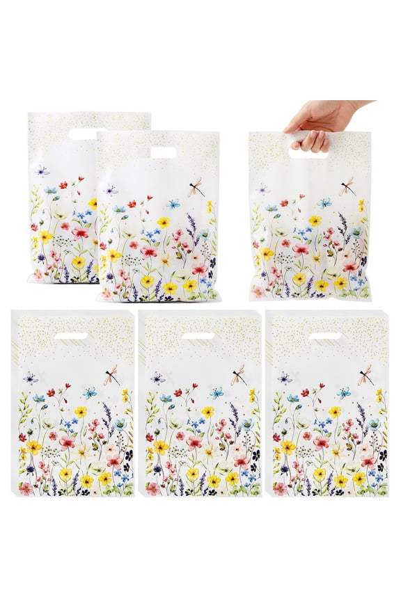Floral Spring Gift Bags for Party Favors, Candy, Cookies, Treats, Gifts, Birthday Parties, Weddings, Baby Shower, and Mothers Day (50pcs)
