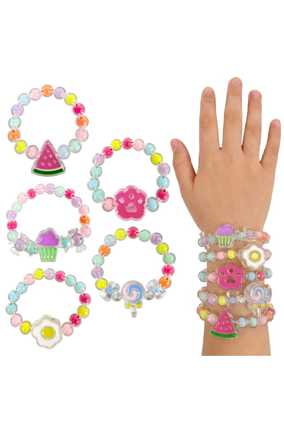 Girls Princess Dress-Up Beaded Bracelet Jewelry for Party Favors, Goodie Bags, Birthday Parties (Set of 5), Food