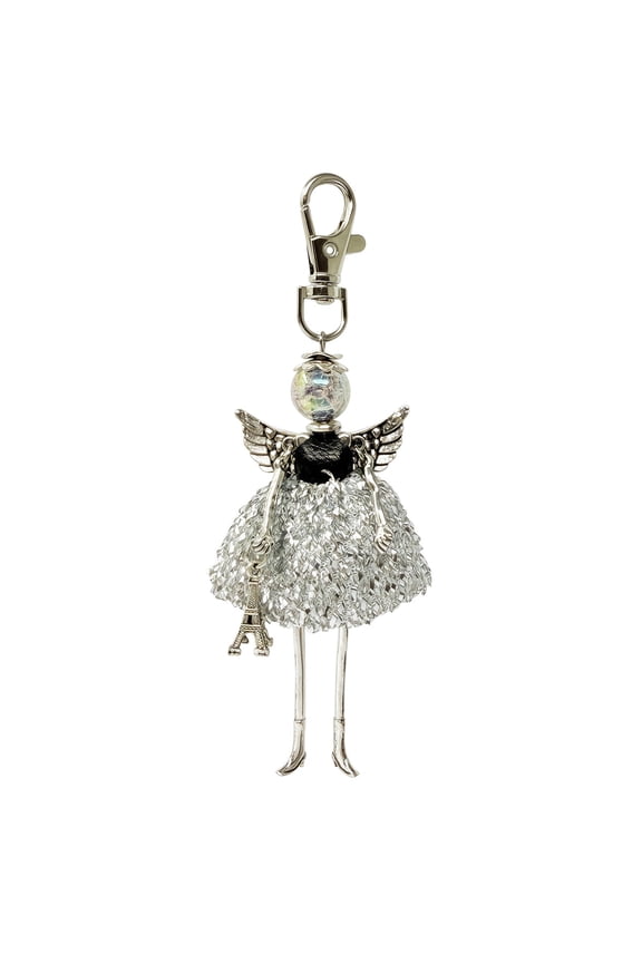 Hanging Fashionista Doll Keychain, Crystal Rhinestone Keyring Bag Charm, Silver Angel