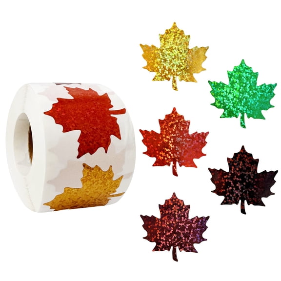 allydrew Holographic Fall and Thanksgiving Sticker Roll for Sealing Envelopes, Gift Boxes, Journal, Autumn Party Decor and Supplies (500pcs), Maple Leaf