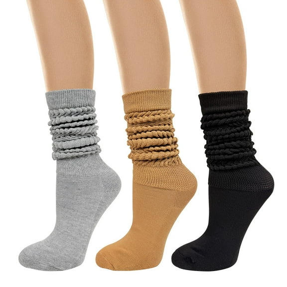 allydrew Knee High Slouchy Scrunch Socks for Women (Set of 3), Black Khaki Gray