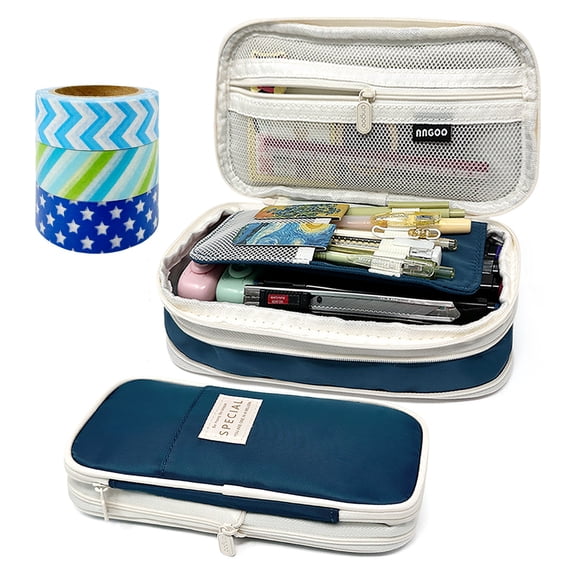 allydrew Large Capacity Pencil Case, Expandable Pencil Pouch with 3 Washi Rolls, Navy