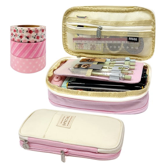 allydrew Large Capacity Pencil Case, Expandable Pencil Pouch with 3 Washi Rolls, Pink