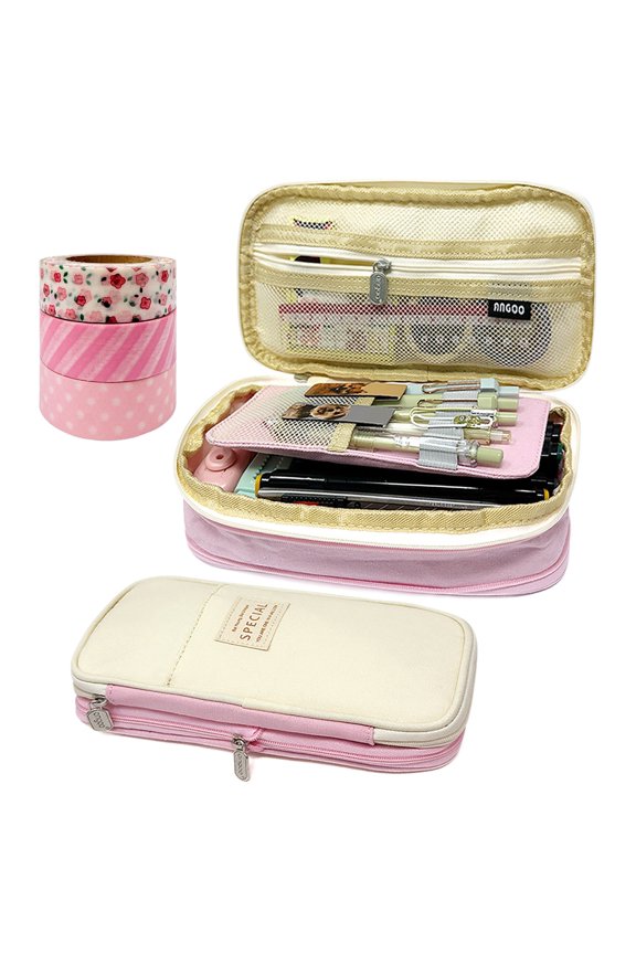 Large Capacity Pencil Case, Expandable Pencil Pouch with 3 Washi Rolls, Pink