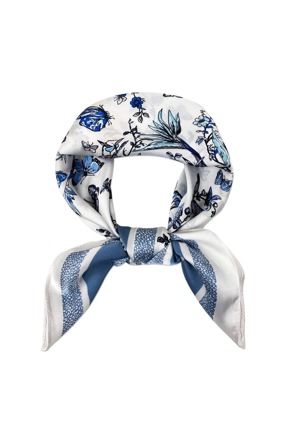 Satin Neckerchief Square Scarf 26.5 x 26.5 Inches, Blue Floral Butterflies