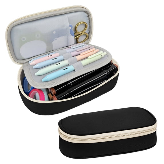allydrew Simple Large Capacity Double Compartment Pencil Case, Pencil Pouch for Stationery Tools, Black