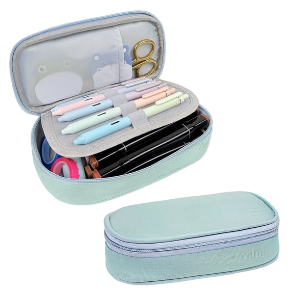 allydrew Simple Large Capacity Double Compartment Pencil Case, Pencil Pouch for Stationery Tools, Blue
