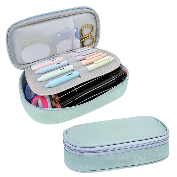 allydrew Simple Large Capacity Double Compartment Pencil Case, Pencil Pouch for Stationery Tools, Blue
