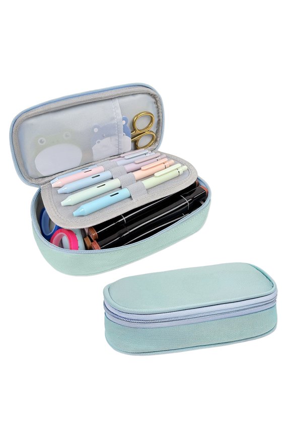 Simple Large Capacity Double Compartment Pencil Case, Pencil Pouch for Stationery Tools, Blue