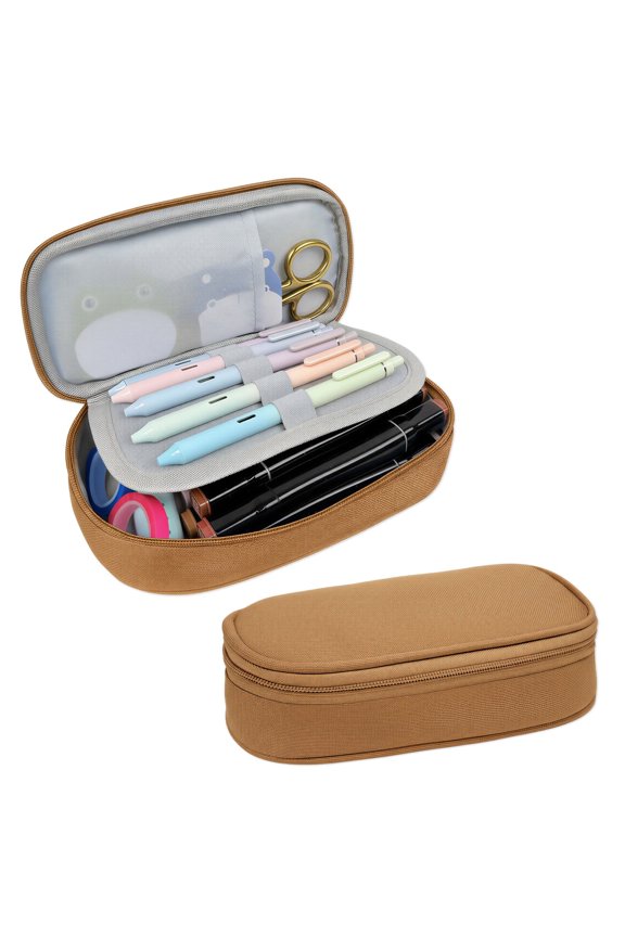 Simple Large Capacity Double Compartment Pencil Case, Pencil Pouch for Stationery Tools, Khaki