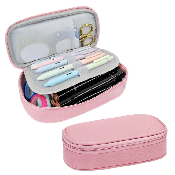 allydrew Simple Large Capacity Double Compartment Pencil Case, Pencil Pouch for Stationery Tools, Pink