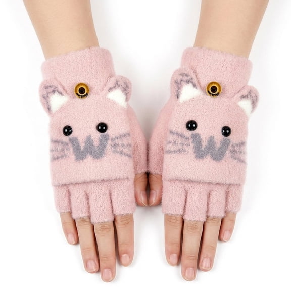 allydrew Winter Warm Cute Cat Fingerless Gloves for Girls, Convertible Flip Top Half Finger Mittens, Light Pink