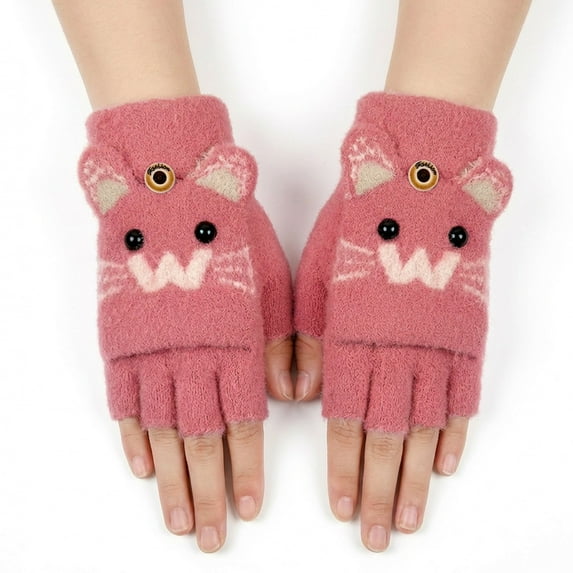 allydrew Winter Warm Cute Cat Fingerless Gloves for Girls, Convertible Flip Top Half Finger Mittens, Rose