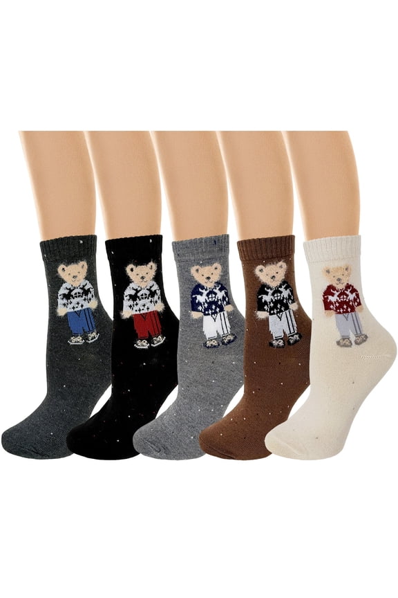 Women's Cute Teddy Bear in Christmas Sweater Winter Crew Socks (Set of 5)