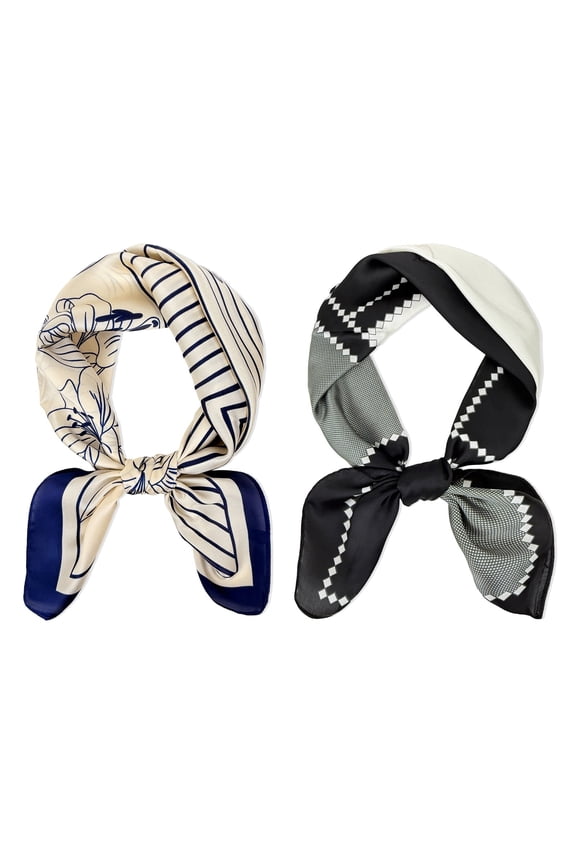 Womens 2 Piece Silky Feeling Satin Square Scarf Set, 26.5x26.5 Inch Neckerchief, Lilies Gray