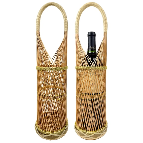 allydrew Woven Wicker Rattan Bamboo Wine Bottle Basket Carrier, Wine Holder (Set of 2)