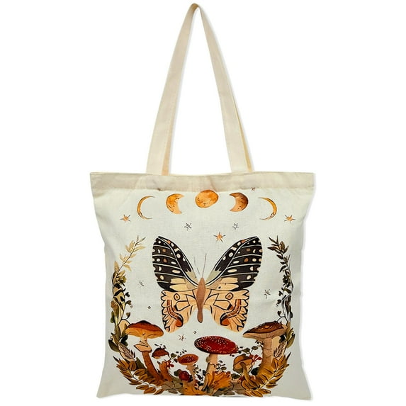 allydrew Zippered Canvas Tote Bag, Reusable Grocery Shopping Bag, Butterfly and Moon