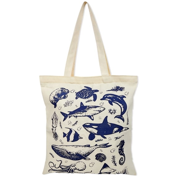 allydrew Zippered Canvas Tote Bag, Reusable Grocery Shopping Bag, Marine Animals
