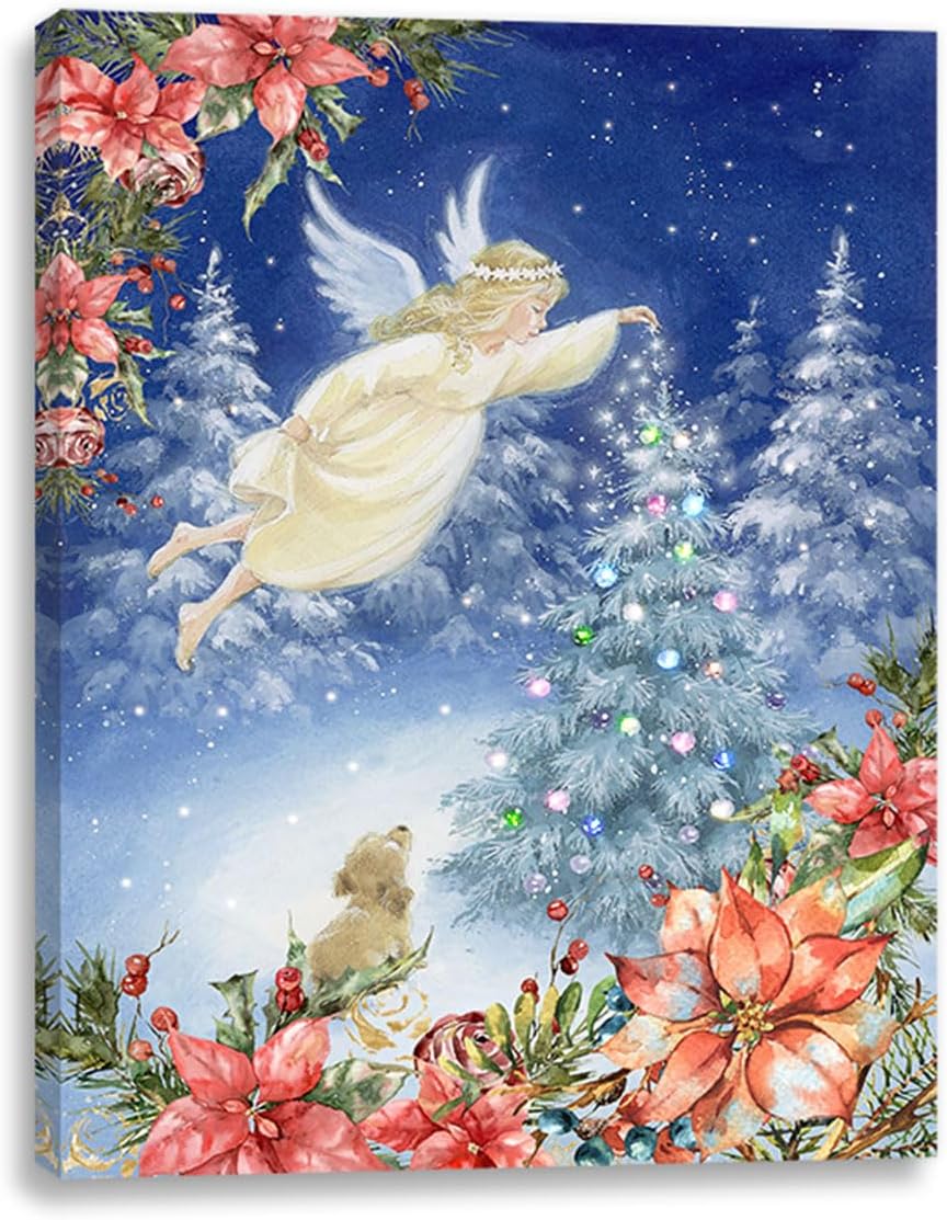 alottagifts Angel With Tree Christmas Canvas Wall Art Print 12" x 16