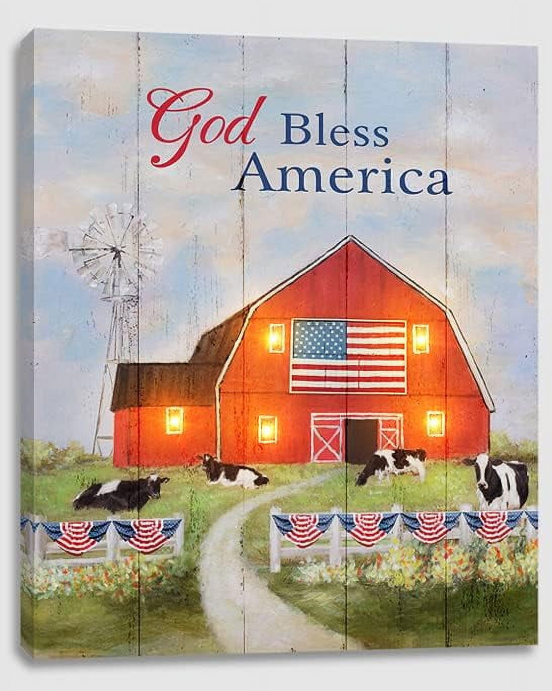 alottagifts God Bless America Barn Lighted Canvas Wall Art Print 16" x