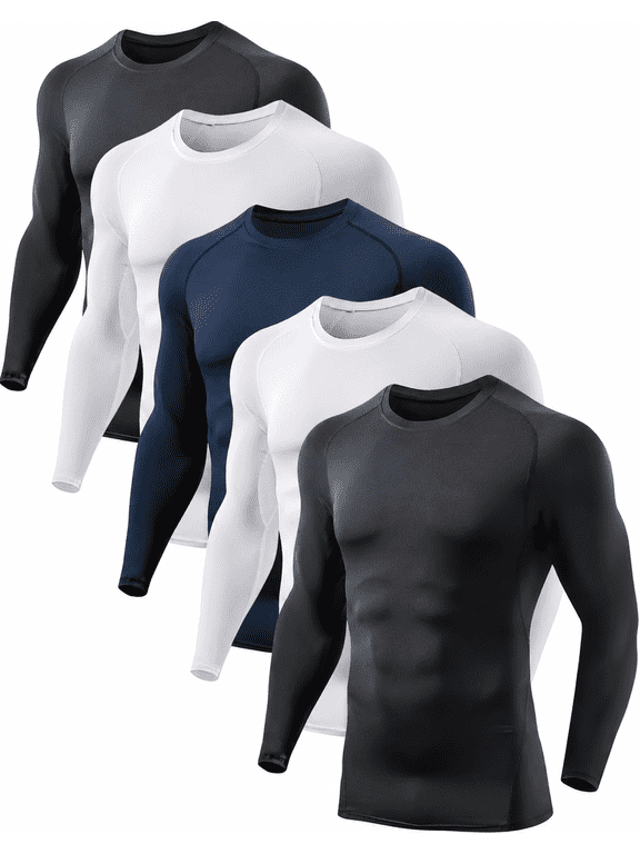5-Pack Men's Long Sleeve Compression Shirts, Quick-Dry Moisture Wicking Athletic Baselayer Tops for Running Training